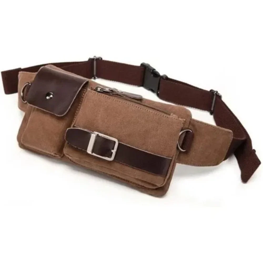 Men's Waist Bag Sports Coffee Canvas Belt Bag - Picture 1 of 8